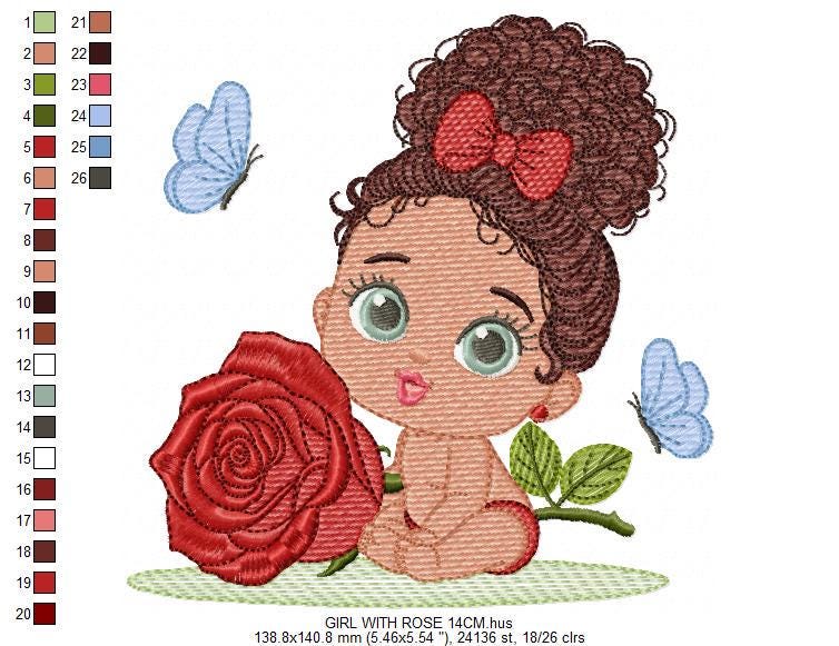 Baby Girl with Black Curly Long Hair embroidery designs - Girl with lace and rose machine embroidery pattern - Instant download pes jef