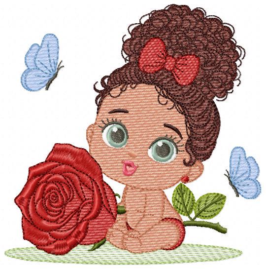 Baby Girl with Black Curly Long Hair embroidery designs - Girl with lace and rose machine embroidery pattern - Instant download pes jef