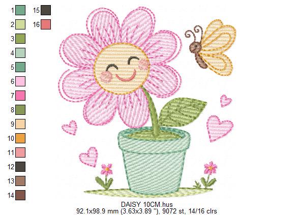 Flower with happy face embroidery designs - Flowerpot machine embroidery pattern - Floral Grandma Kitchen Towel - Instant download pes jef