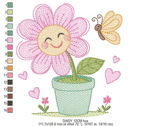 Flower with happy face embroidery designs - Flowerpot machine embroidery pattern - Floral Grandma Kitchen Towel - Instant download pes jef