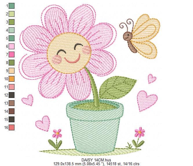 Flower with happy face embroidery designs - Flowerpot machine embroidery pattern - Floral Grandma Kitchen Towel - Instant download pes jef