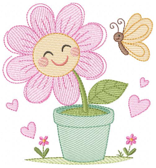 Flower with happy face embroidery designs - Flowerpot machine embroidery pattern - Floral Grandma Kitchen Towel - Instant download pes jef