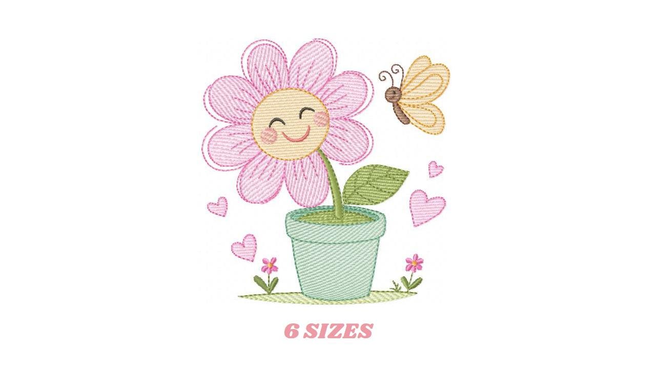 Flower with happy face embroidery designs - Flowerpot machine embroidery pattern - Floral Grandma Kitchen Towel - Instant download pes jef