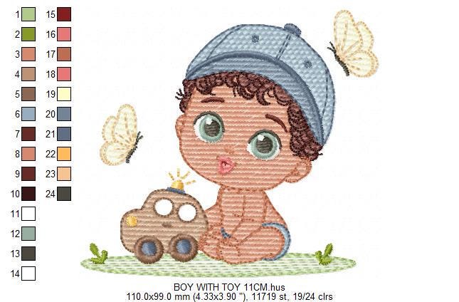 Baby Boy with toy car embroidery designs - Toddler playing machine embroidery pattern - Boy with cap and black curly hair - Instant download