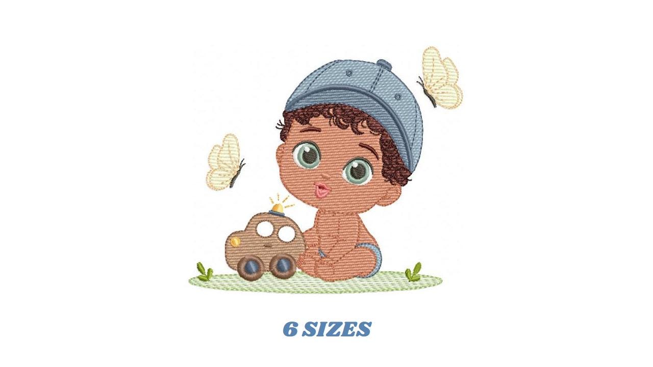 Baby Boy with toy car embroidery designs - Toddler playing machine embroidery pattern - Boy with cap and black curly hair - Instant download