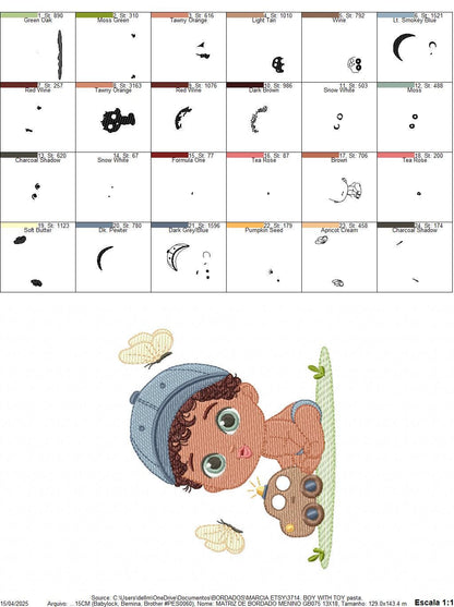 Baby Boy with toy car embroidery designs - Toddler playing machine embroidery pattern - Boy with cap and black curly hair - Instant download
