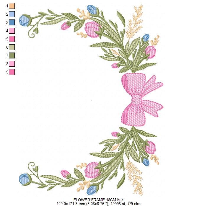 Laurel with lace and flowers embroidery designs - Floral wreath machine embroidery pattern - Monogram frame file - Instant digital download