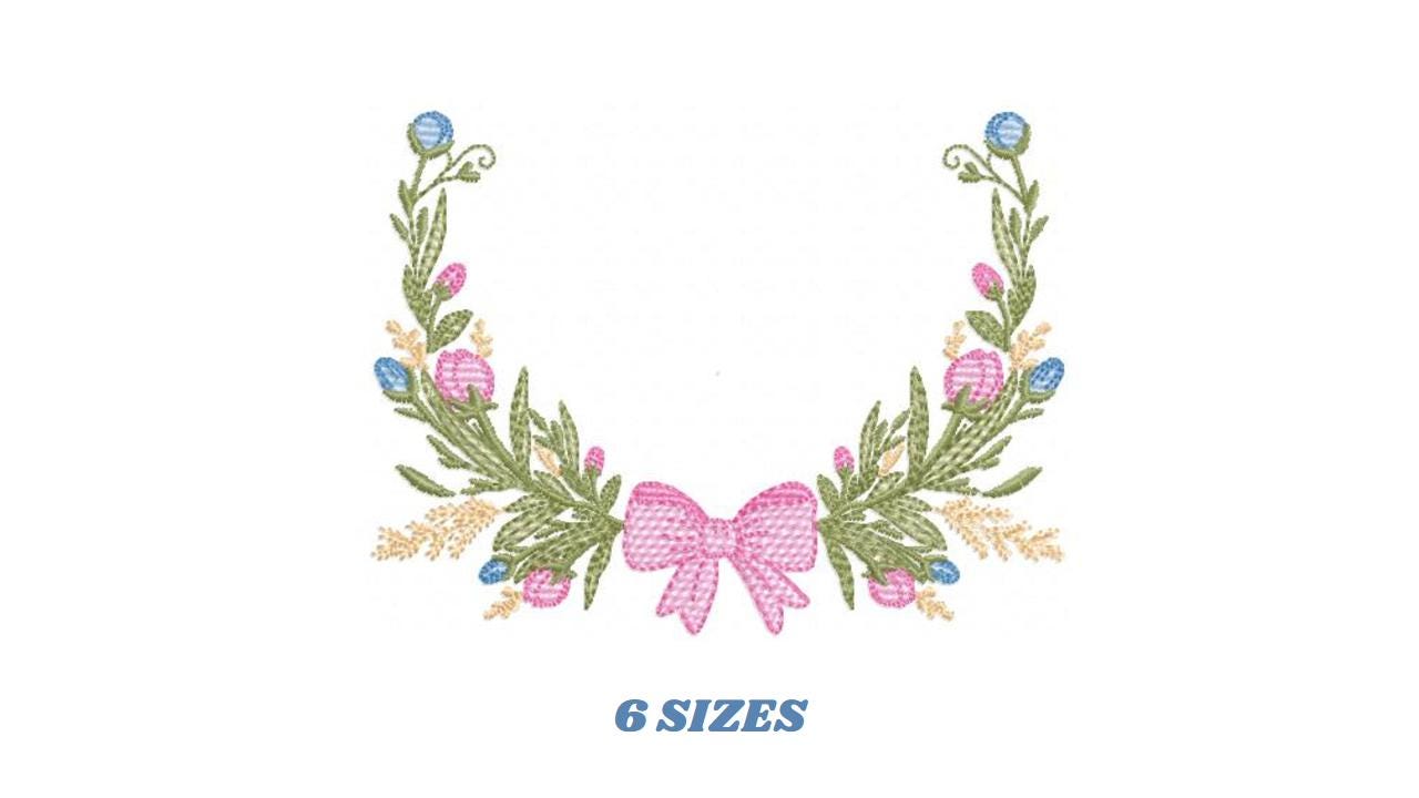 Laurel with lace and flowers embroidery designs - Floral wreath machine embroidery pattern - Monogram frame file - Instant digital download