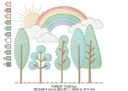 Tree Forest embroidery designs - Sun with rainbow machine embroidery pattern - Spring Summer Landscape file - Instant digital download pes