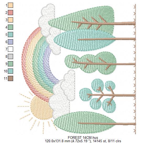 Tree Forest embroidery designs - Sun with rainbow machine embroidery pattern - Spring Summer Landscape file - Instant digital download pes
