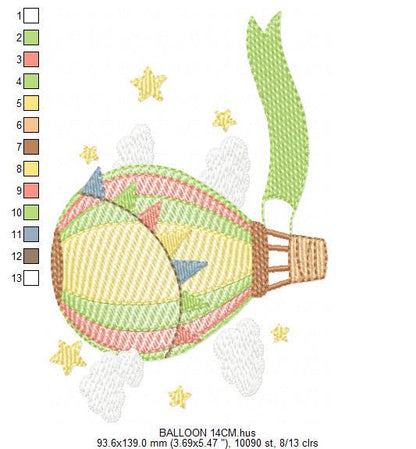 Balloon embroidery designs - Hot air balloon with clouds machine embroidery pattern - Sky clouds Stars file - Instant digital download pes