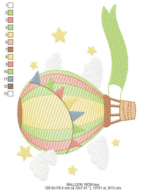 Balloon embroidery designs - Hot air balloon with clouds machine embroidery pattern - Sky clouds Stars file - Instant digital download pes