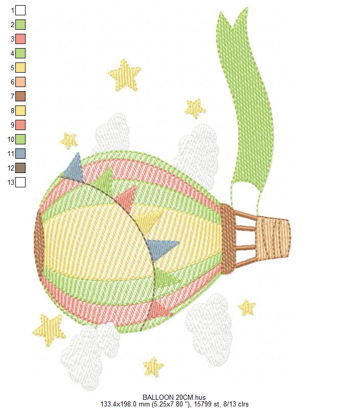 Balloon embroidery designs - Hot air balloon with clouds machine embroidery pattern - Sky clouds Stars file - Instant digital download pes
