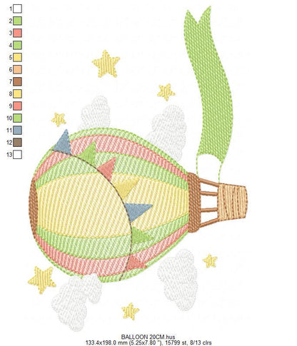 Balloon embroidery designs - Hot air balloon with clouds machine embroidery pattern - Sky clouds Stars file - Instant digital download pes