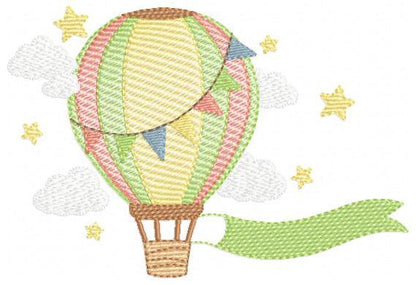 Balloon embroidery designs - Hot air balloon with clouds machine embroidery pattern - Sky clouds Stars file - Instant digital download pes