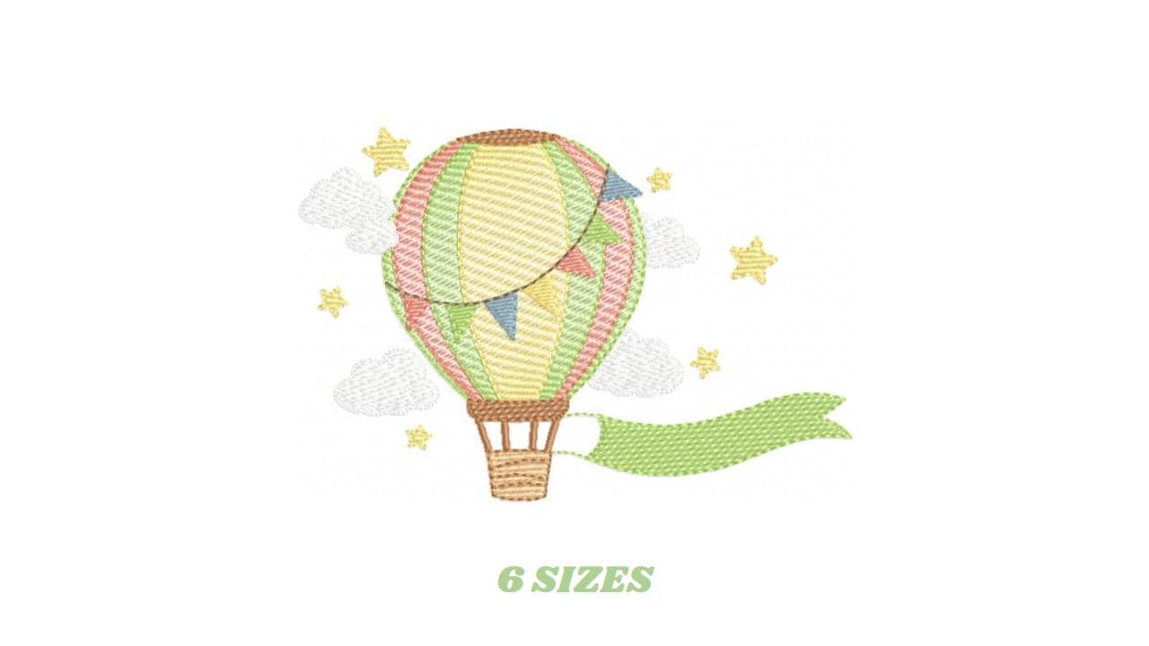 Balloon embroidery designs - Hot air balloon with clouds machine embroidery pattern - Sky clouds Stars file - Instant digital download pes