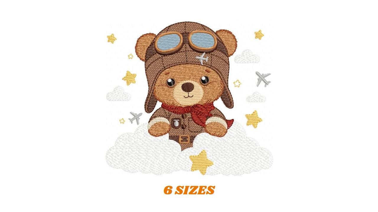 Pilot Bear embroidery designs - Plane with clouds and stars machine embroidery pattern - Aviator Teddy Bear baby boy file - instant download