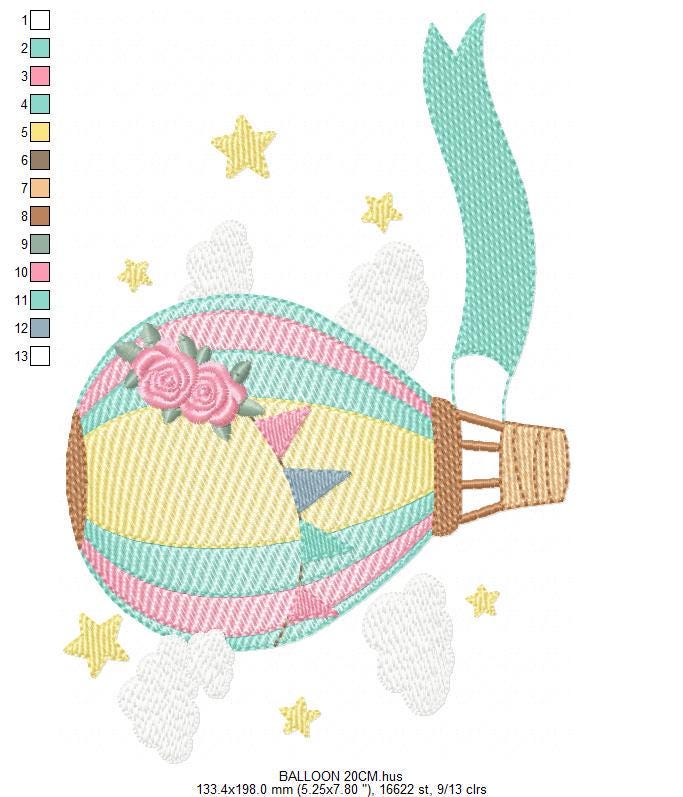 Balloon embroidery designs - Hot air balloon with clouds machine embroidery pattern - Sky clouds file - Instant digital download pes jef dst