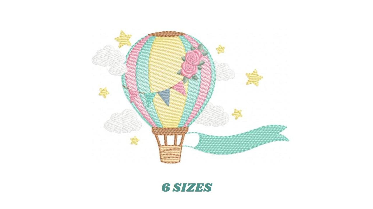 Balloon embroidery designs - Hot air balloon with clouds machine embroidery pattern - Sky clouds file - Instant digital download pes jef dst