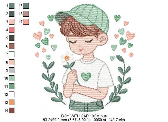 Boy embroidery design - Child with cap and hearts machine embroidery pattern - Children toddler with laurel frame - Instant download pes jef