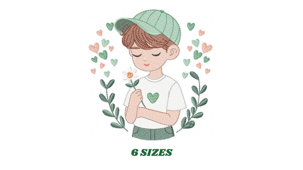Boy embroidery design - Child with cap and hearts machine embroidery pattern - Children toddler with laurel frame - Instant download pes jef
