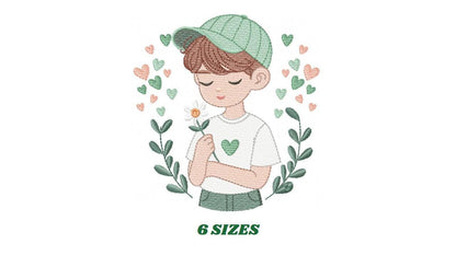 Boy embroidery design - Child with cap and hearts machine embroidery pattern - Children toddler with laurel frame - Instant download pes jef