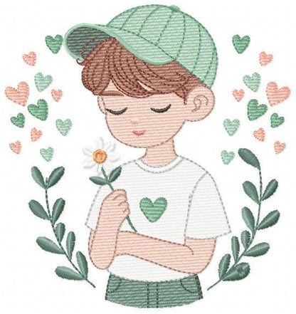 Boy embroidery design - Child with cap and hearts machine embroidery pattern - Children toddler with laurel frame - Instant download pes jef