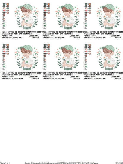 Boy embroidery design - Child with cap and hearts machine embroidery pattern - Children toddler with laurel frame - Instant download pes jef