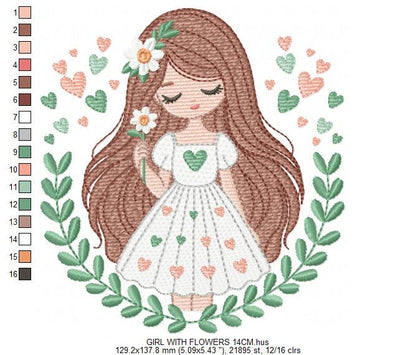 Baby girl embroidery designs - Children with laurel frame machine embroidery pattern - Teenager girl with hearts file - Instant download pes