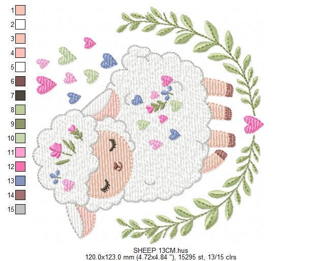 Frame with Sheep embroidery design - Lamb with hearts and laurel wreath machine embroidery pattern - Baby girl file - Instant download pes