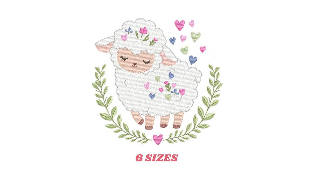 Frame with Sheep embroidery design - Lamb with hearts and laurel wreath machine embroidery pattern - Baby girl file - Instant download pes