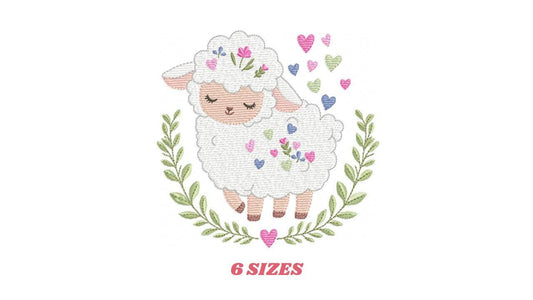 Frame with Sheep embroidery design - Lamb with hearts and laurel wreath machine embroidery pattern - Baby girl file - Instant download pes