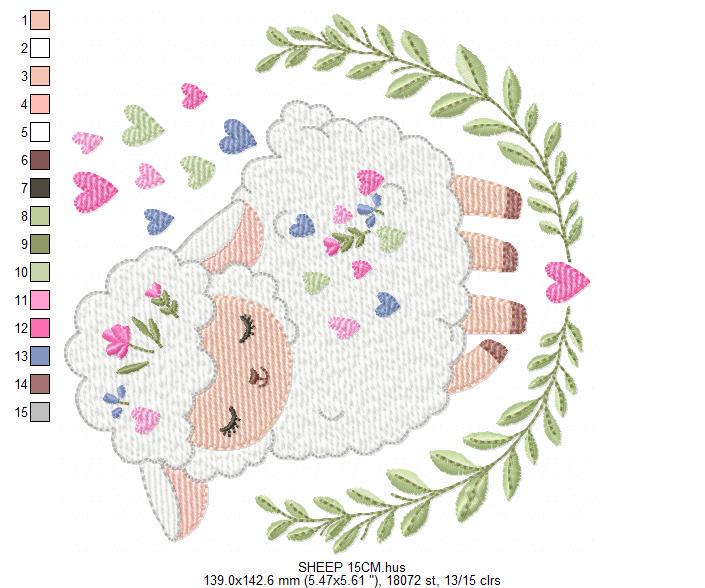 Frame with Sheep embroidery design - Lamb with hearts and laurel wreath machine embroidery pattern - Baby girl file - Instant download pes