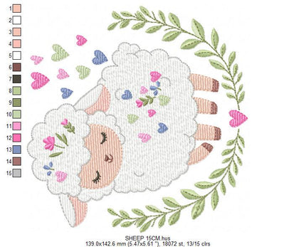 Frame with Sheep embroidery design - Lamb with hearts and laurel wreath machine embroidery pattern - Baby girl file - Instant download pes
