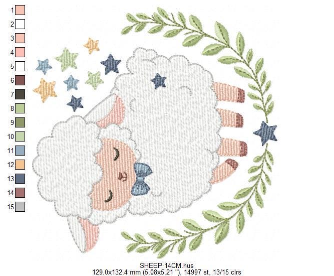 Male Sheep embroidery design - Lamb with stars and laurel frame machine embroidery pattern - Newborn Baby boy file - Instant download pes