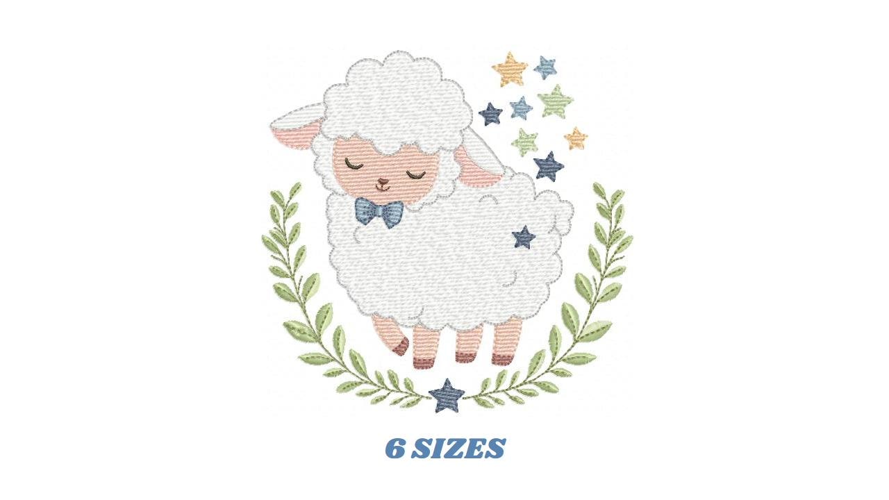 Male Sheep embroidery design - Lamb with stars and laurel frame machine embroidery pattern - Newborn Baby boy file - Instant download pes