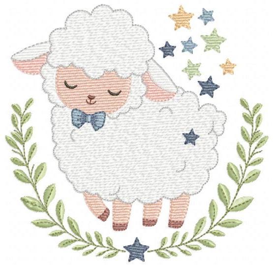 Male Sheep embroidery design - Lamb with stars and laurel frame machine embroidery pattern - Newborn Baby boy file - Instant download pes