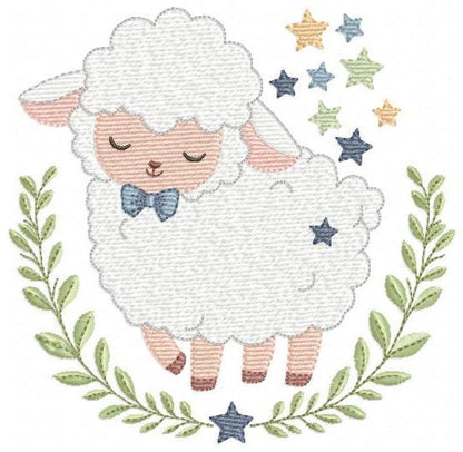 Male Sheep embroidery design - Lamb with stars and laurel frame machine embroidery pattern - Newborn Baby boy file - Instant download pes