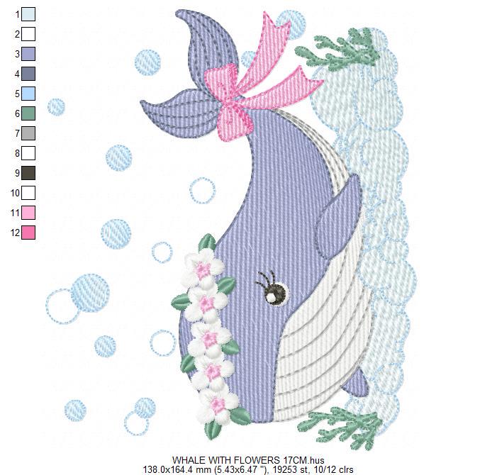 Whale embroidery designs - Whale with flowers marine life machine embroidery pattern - Baby Girl Ocean animal file - Instant download pes