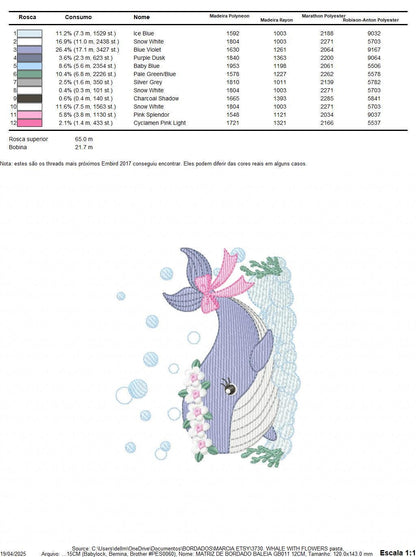 Whale embroidery designs - Whale with flowers marine life machine embroidery pattern - Baby Girl Ocean animal file - Instant download pes