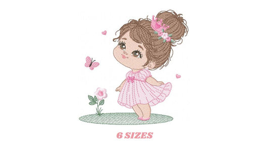Princess with crown embroidery designs - Baby Girl with pink dress machine embroidery pattern - Girl with flowers - Instant download pes jef
