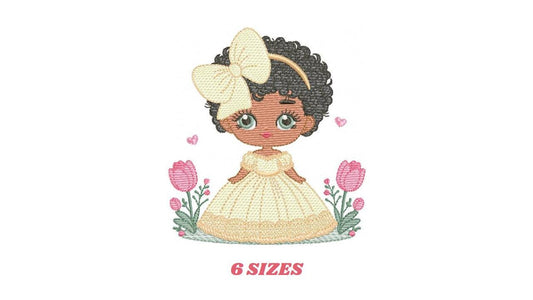 Girl with black curly afro hair embroidery designs - Princess with bow lace and flowers machine embroidery pattern - Instant download pes