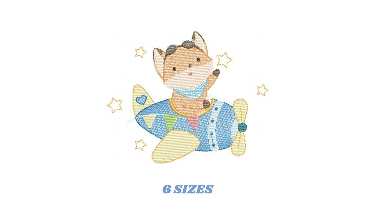 Airplane embroidery designs - Fox Pilot Aviator machine embroidery pattern - Baby Boy plane file - Instant digital download pes jef dst hus