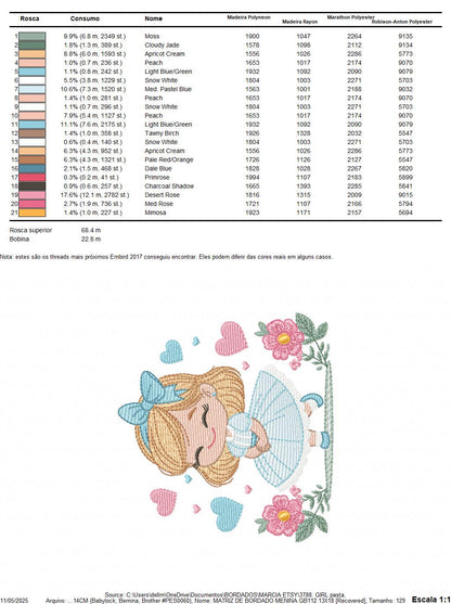 Baby girl with flowers embroidery designs - Princess with long hair and lace machine embroidery pattern - Instant digital download pes jef