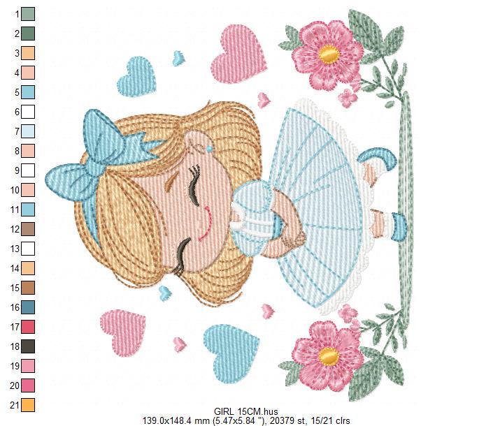Baby girl with flowers embroidery designs - Princess with long hair and lace machine embroidery pattern - Instant digital download pes jef