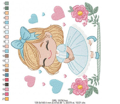 Baby girl with flowers embroidery designs - Princess with long hair and lace machine embroidery pattern - Instant digital download pes jef