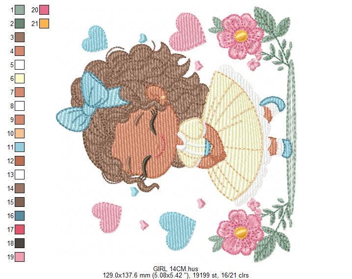 Baby Girl with Black Curly Long Hair embroidery designs - Girl with lace and flowers machine embroidery pattern - Instant download pes jef