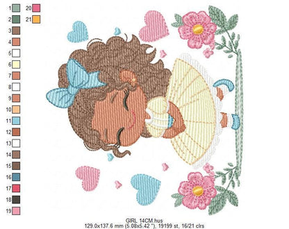 Baby Girl with Black Curly Long Hair embroidery designs - Girl with lace and flowers machine embroidery pattern - Instant download pes jef
