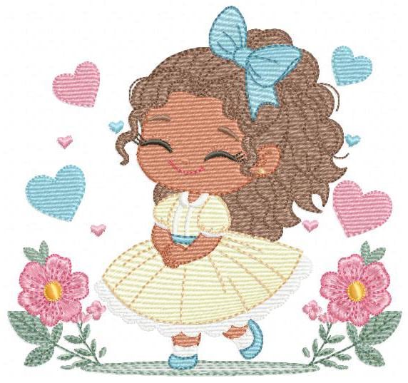 Baby Girl with Black Curly Long Hair embroidery designs - Girl with lace and flowers machine embroidery pattern - Instant download pes jef