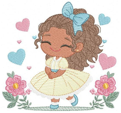Baby Girl with Black Curly Long Hair embroidery designs - Girl with lace and flowers machine embroidery pattern - Instant download pes jef